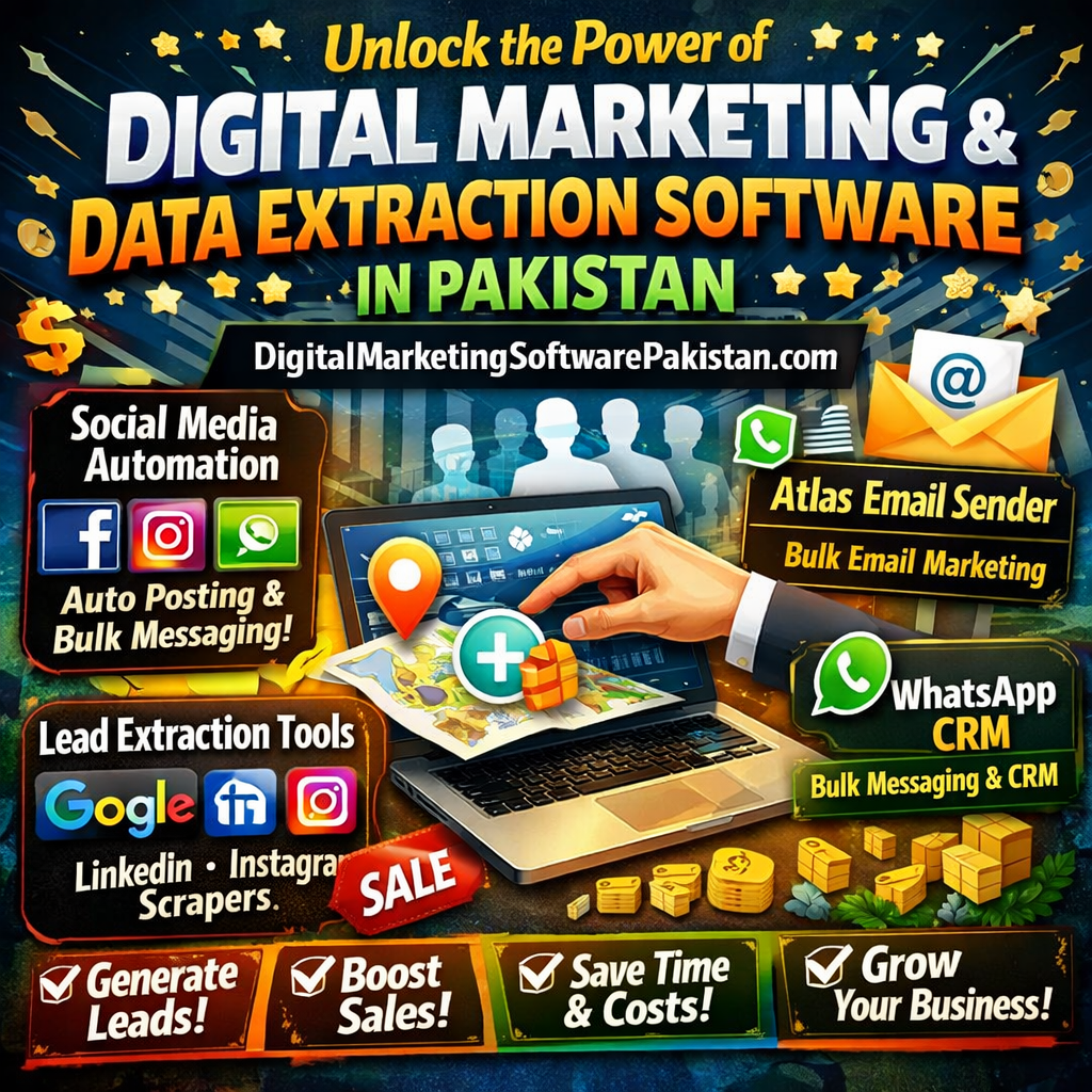 Promotional graphic for DigitalMarketingSoftwarePakistan.com showcasing digital marketing software in Pakistan, including Facebook Blaster Pro, Instagram Blaster Pro, WhatsApp CRM, Atlas Email Sender, and lead extraction tools. Features auto posting, bulk messaging, data scraping, and email marketing. Highlights sales, time-saving, and business growth benefits with vibrant, tech-inspired design."